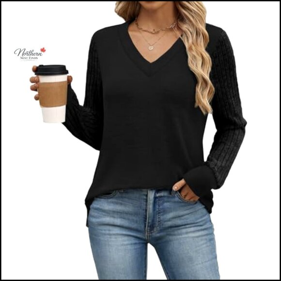 V-Neck Patchwork Tunic Sweater, Long Sleeve, Loose Fit, Polyester Rayon Spandex - Picture 4 of 7